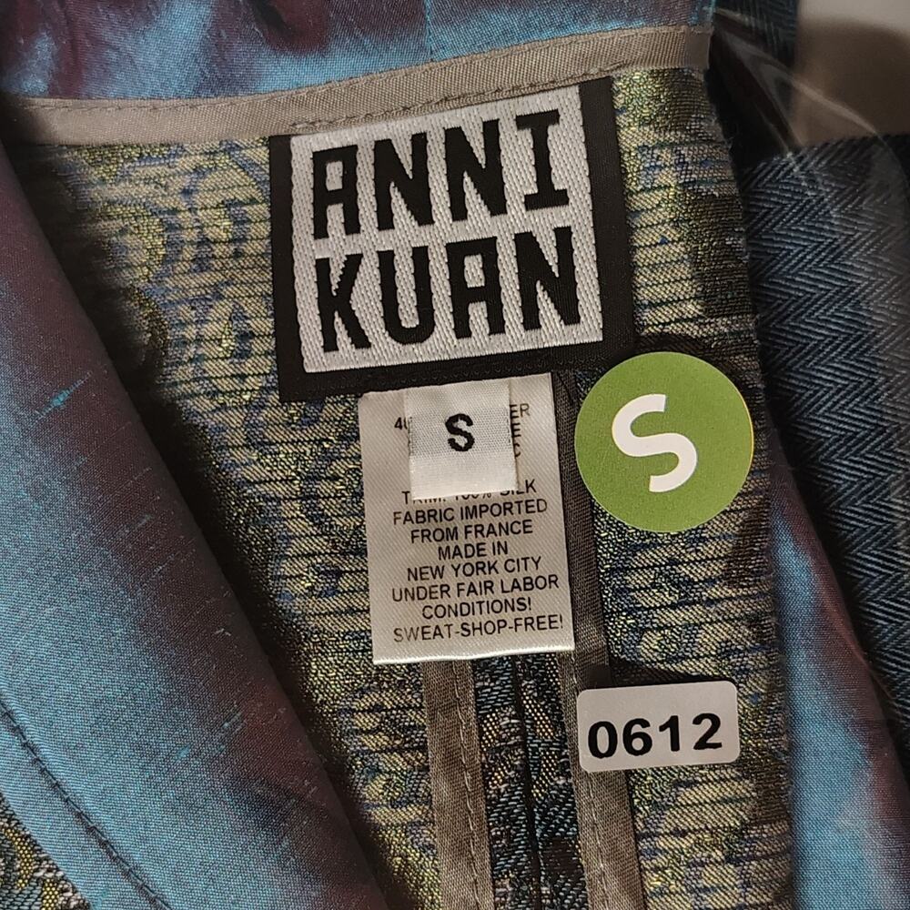 Anni Kuan Silk Metallic Peacock Brocade Jacket Pants Suit Set Vintage Small #612 - Picture 5 of 16